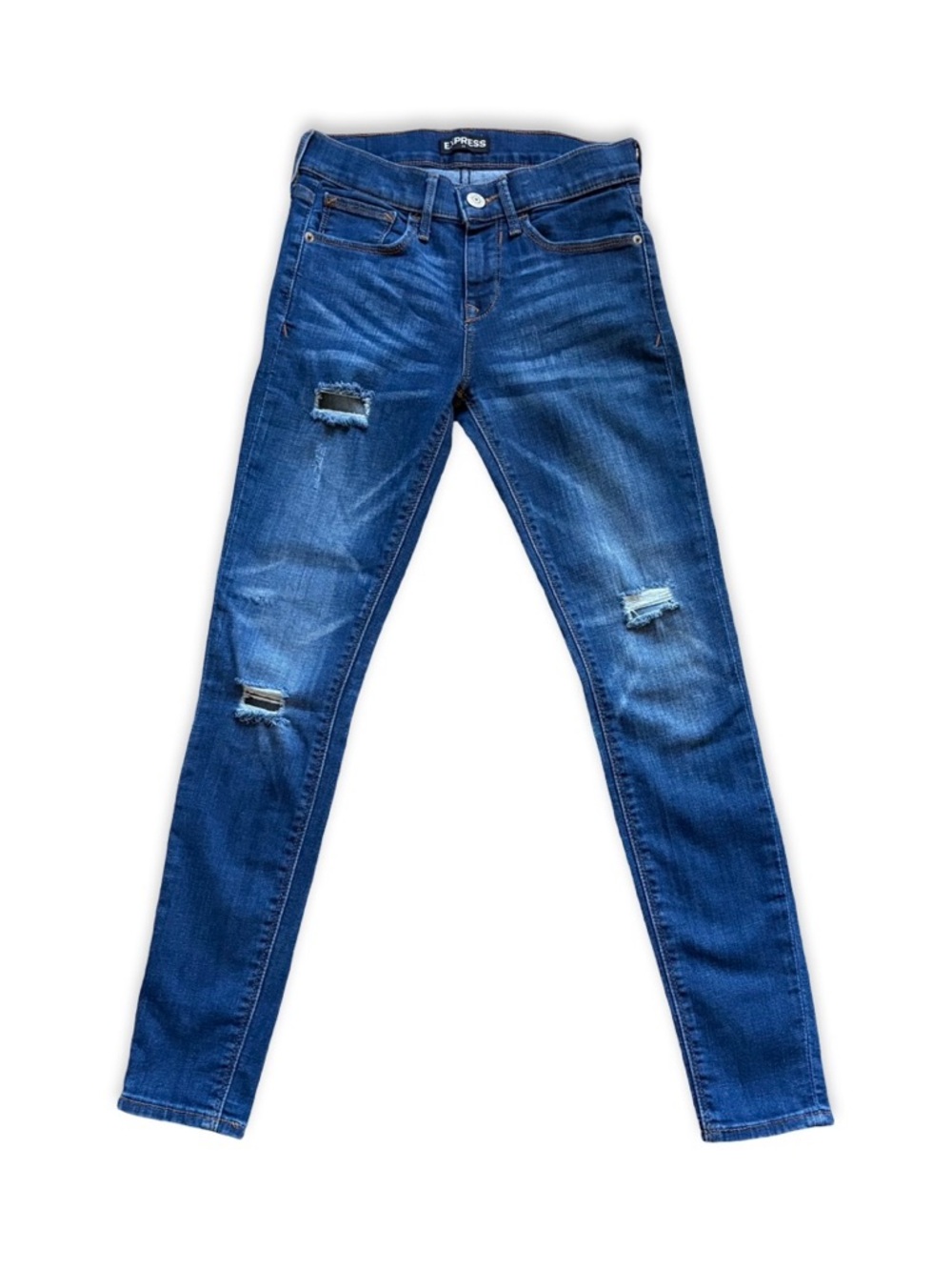 Express Distressed Mid Rise Skinny Leg Jeans Size 00 Stretch Blue